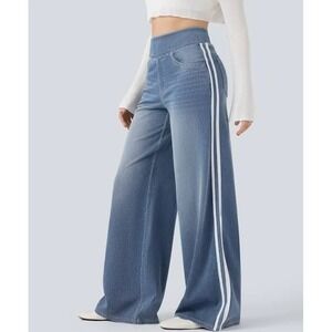 NWOT Halara Flex Women High Waisted Stripe Wide Leg Flowy Jeans‎ M Pockets